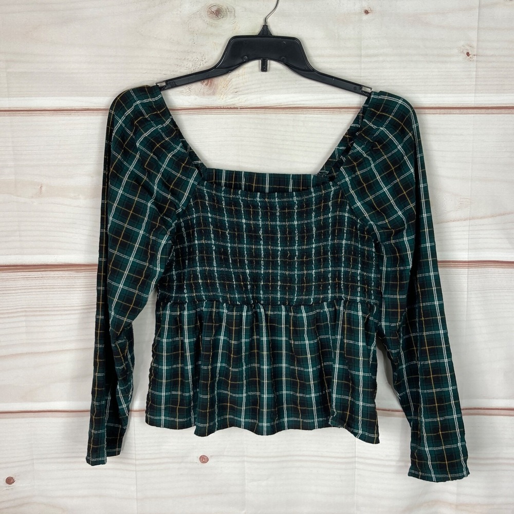 Old Navy Top Womens L Green Tartan Plaid Blouse Smocked Square Neck Cut Out Back